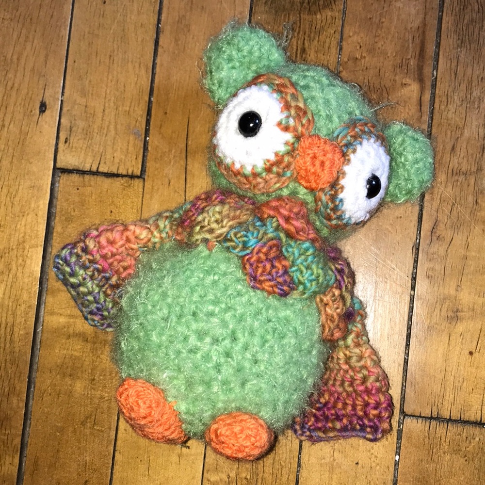 Handmade Green & Multicolor Crochet Owl Plush Toy